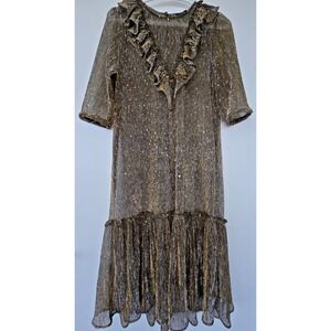 Reveuse Metallic Pleated Midi Dress Sz M Ruffle Victoria Gold Black Sparkle Y2K